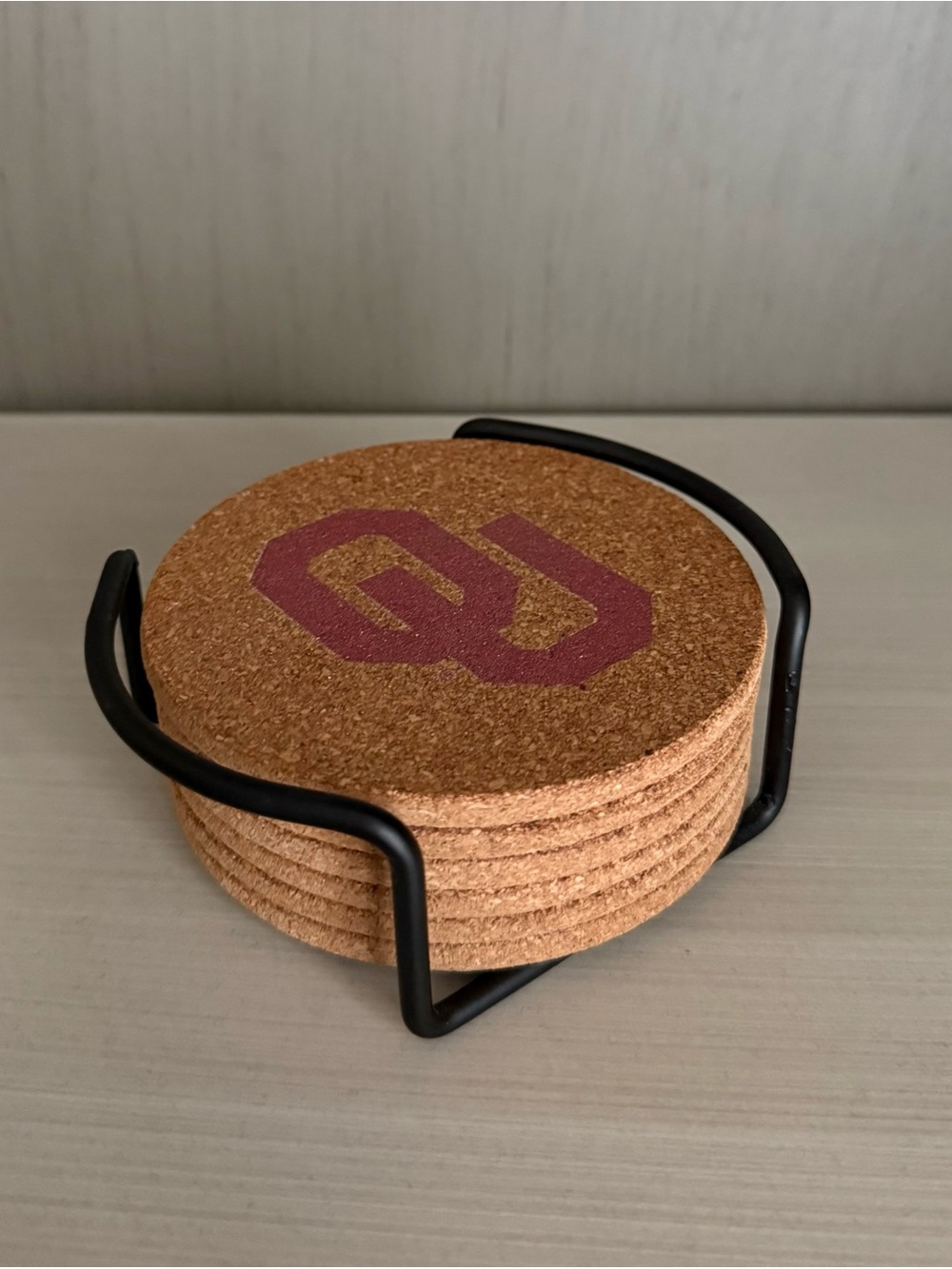 Rare Oklahoma Sooners Cork Coaster Set with Crimson OU Logo and Black Holder
